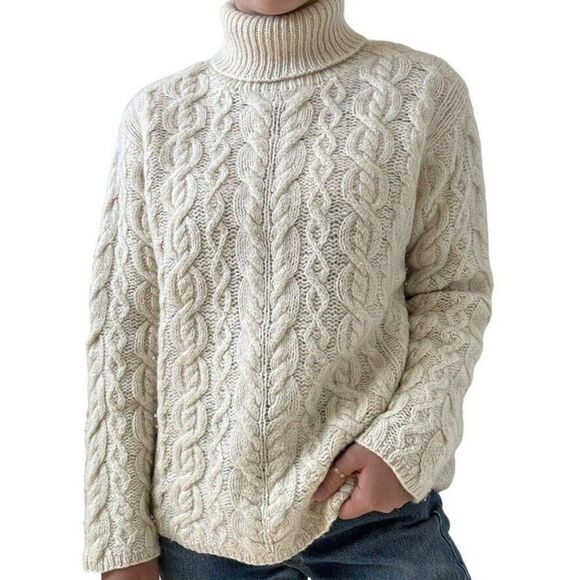 Vintage 1990s Womens White 100% Wool Fisherman Cable Knit Turtleneck Sweater M - Picture 1 of 7